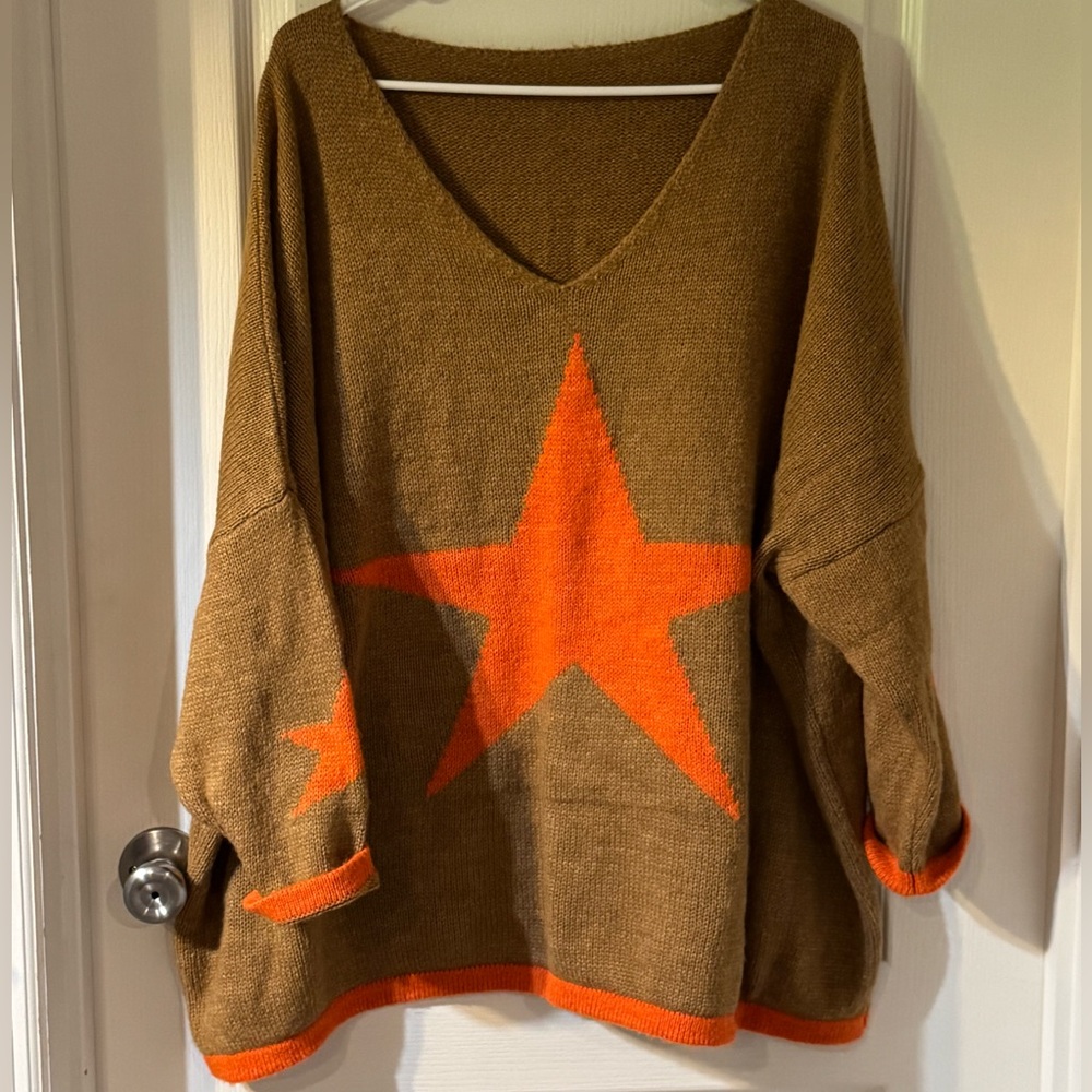 Brown Knit Sweater with Orange Star